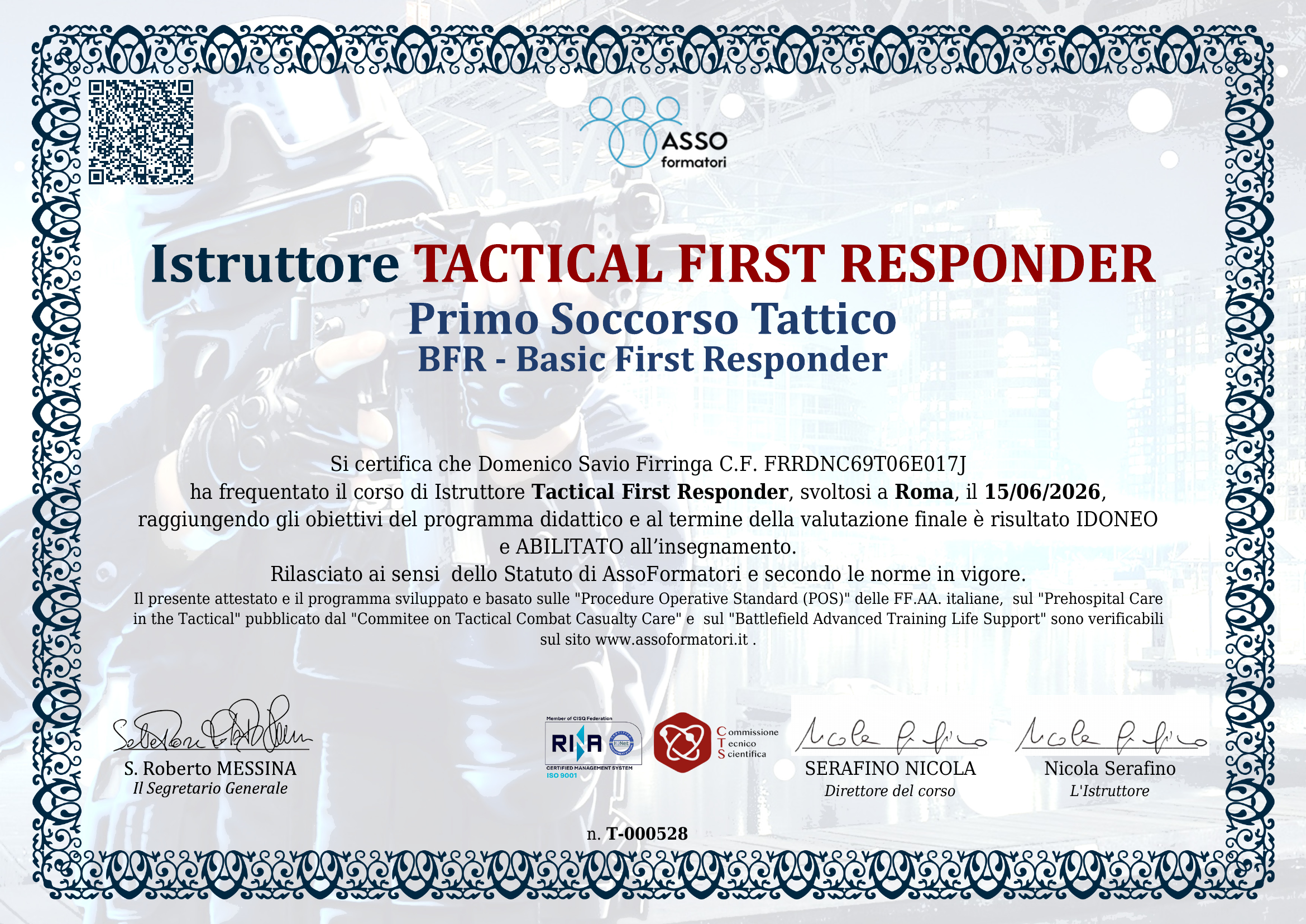 Attestato Istruttore Tactical First Responder di Domenico Savio Firringa